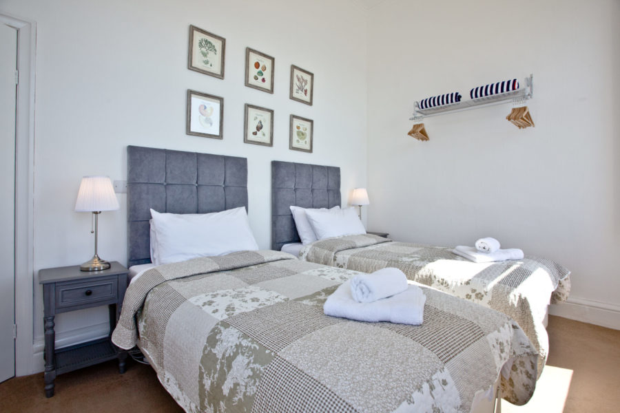 The lower tower bedroom has twin beds which can be made up into a Super King double on request